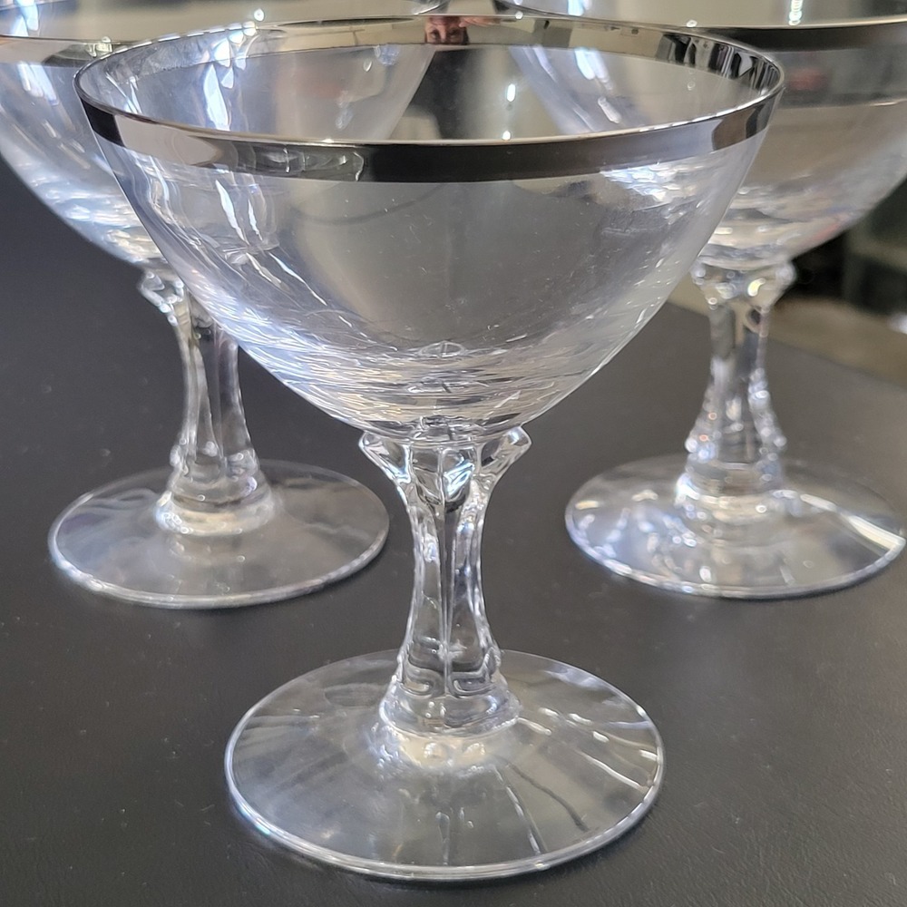 3 Fostoria Platinum Rim Wedding Ring Crystal Sherbet Champagne Dessert Glass MCM